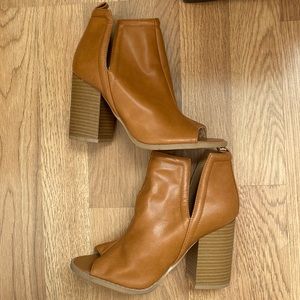 Tan peep toe block heels